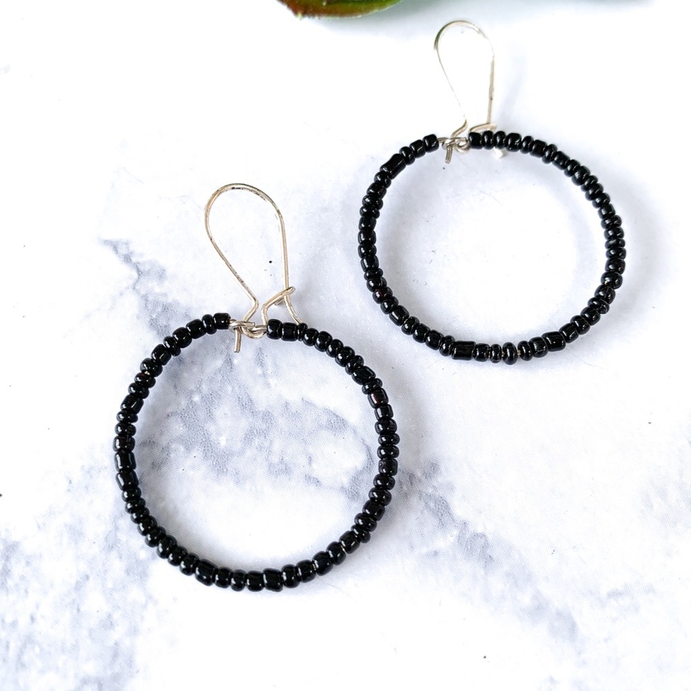 Elegant Black Beaded Hoop Earrings